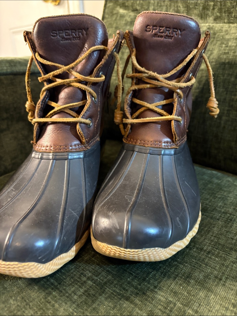 Sperry Brown Leather & Black Rubber Duck Boots with Tan Laces